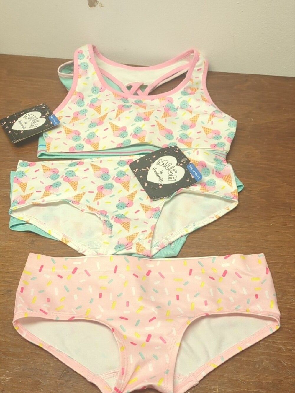 5pc Girls L 10/12 Ice Cream Print & Solid Mint Matching Bra & Panties Mix Match